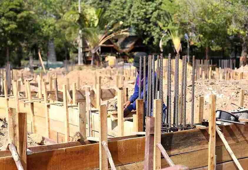 Rebar and wooden framing setup for concrete foundation construction in North Royalton OH.
