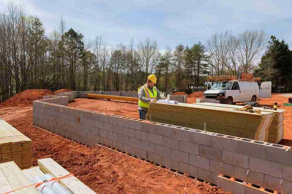 Builder inspecting block foundation walls at residential construction site in North Royalton OH.
